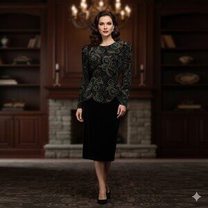 Scott McClintock vintage velour long sleeve black gold green floral dress, 12